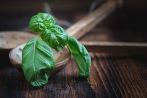 feuille de basilic sur une cuillère en bois dans une cuisine